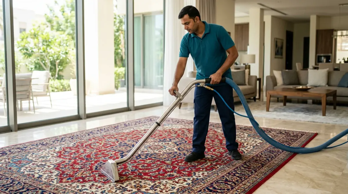 فني تنظيف سجاد محترف يستخدم ماكينة الاستخلاص النفاث لغسيل السجاد